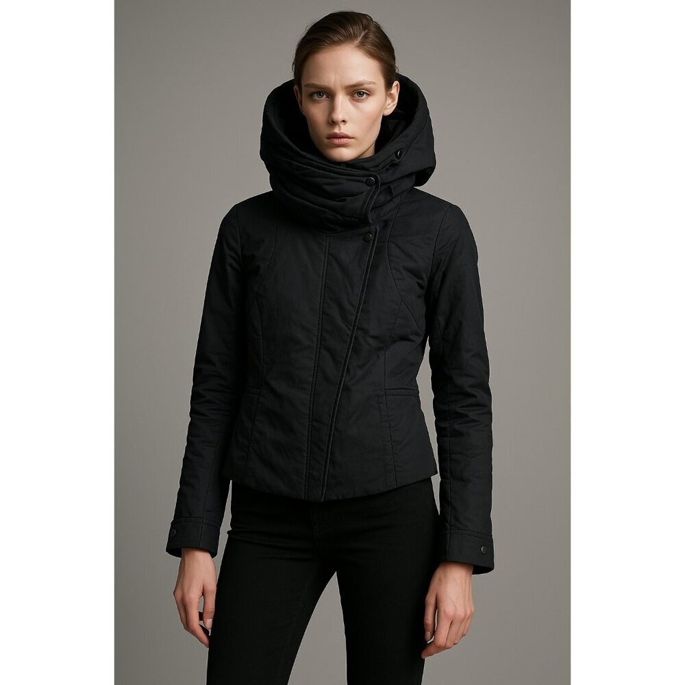 JNBY Women’s Black High Collar Jacket Size L Asymmetrical Zip Modern Minimalist